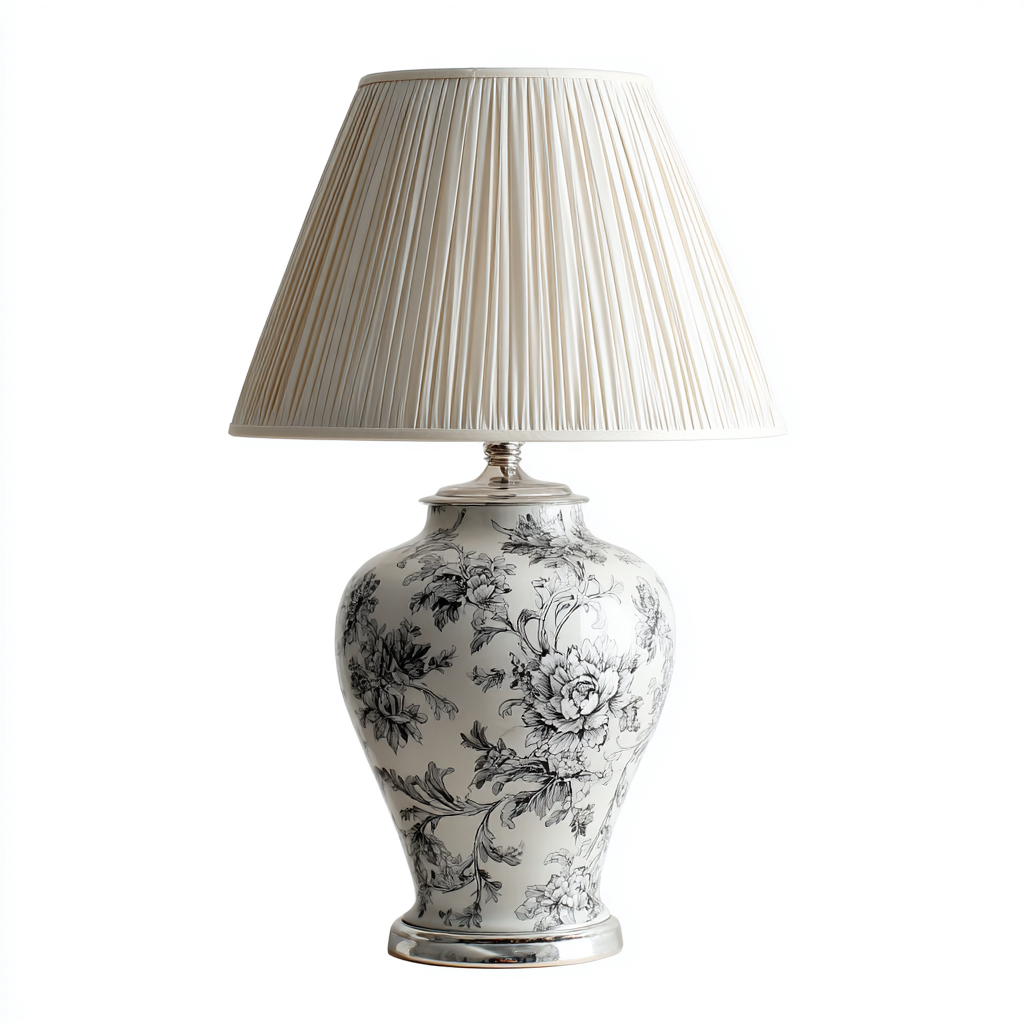 Tischlampe aus Keramik - 30x30x55 cm - Weiß-Schwarz - Klassisches Blumendesign-Warmthena