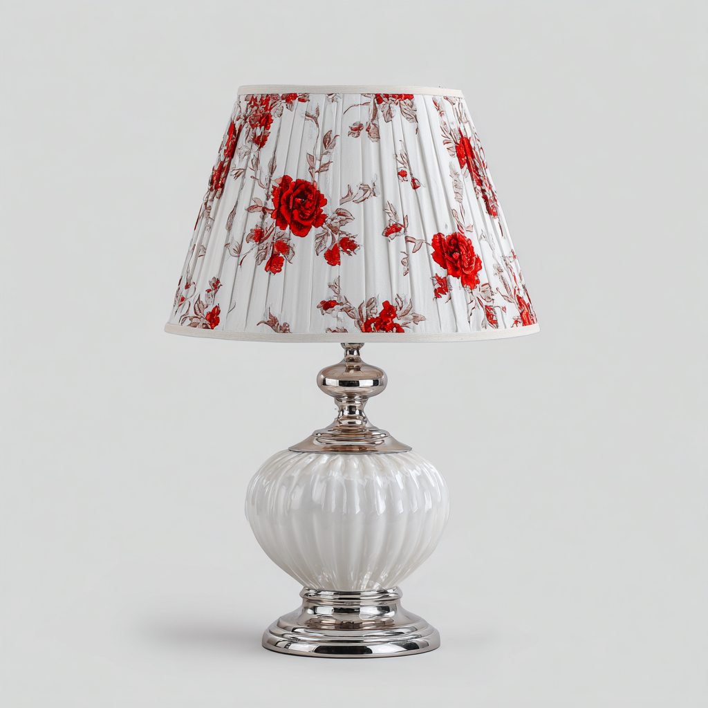 Tischlampe Keramik und Stoff 25x25x45 cm - weiß-rot - klassisch - mit floralem Lampenschirm-Warmthena