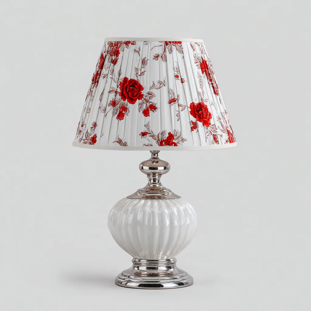 Tischlampe Keramik und Stoff 25x25x45 cm - weiß-rot - klassisch - mit floralem Lampenschirm-Warmthena