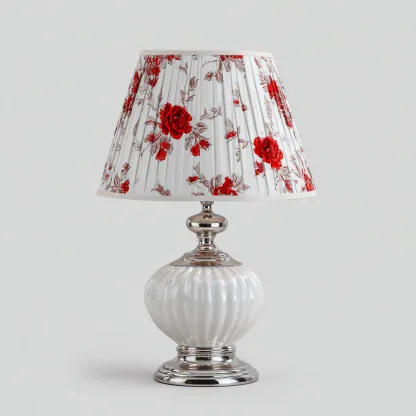 Tischlampe Keramik und Stoff 25x25x45 cm - weiß-rot - klassisch - mit floralem Lampenschirm-Warmthena