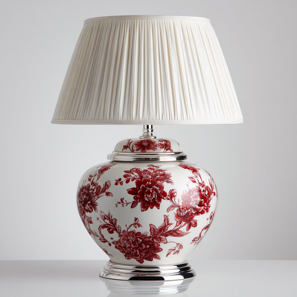 Tischlampe 32x32x55 cm - Keramik und Stoff - weiß-rot - klassisches Blumendesign-Warmthena