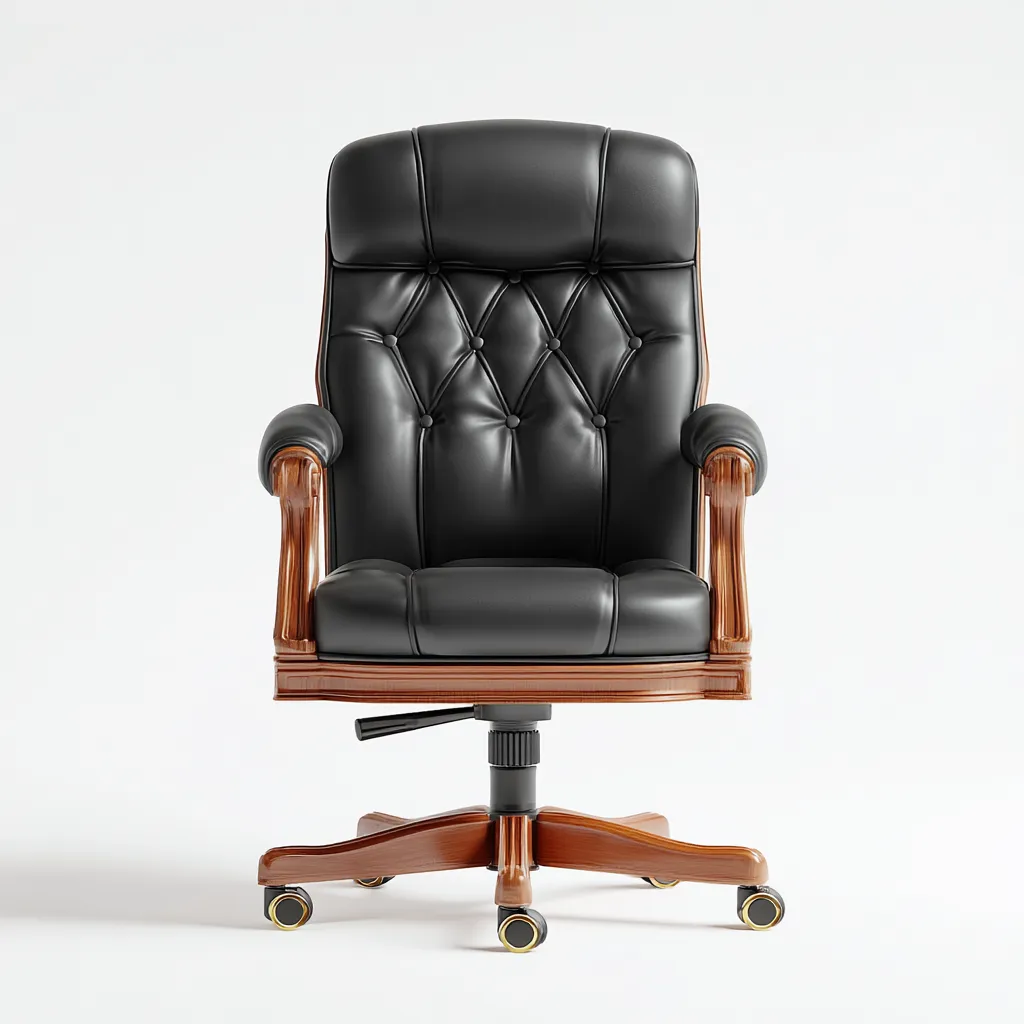 Bürostuhl aus Echtleder und Holz 70x70x115 cm - schwarz - ergonomisches Design - mit Rollen-Warmthena