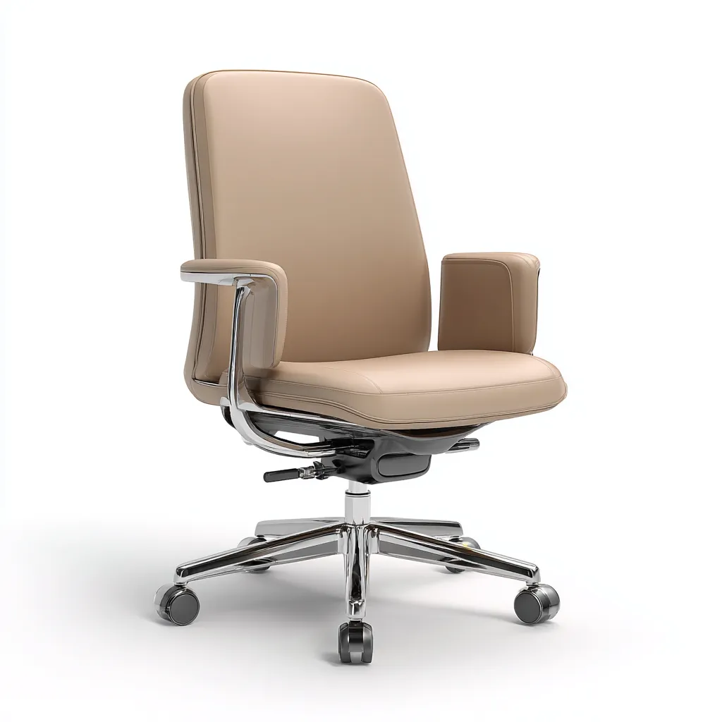 Bürostuhl aus Echtleder mit Armlehnen und Rollen - 65x65x115 cm - Beige - Ergonomisches Design-Warmthena