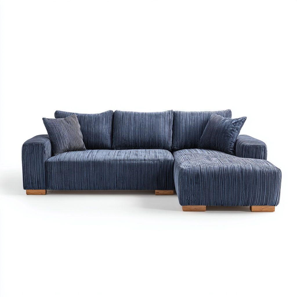 Ecksofa Cordstoff 260x165x90 cm - dunkelblau-natur - modern - mit breiten Armlehnen und Holzfüßen-Warmthena