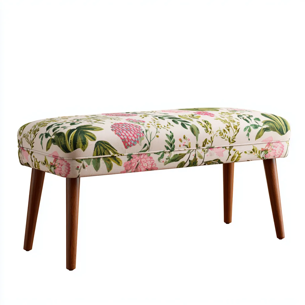 Bank am Bettende Stoff 105x38x46 cm - cremefarben mit Blumenmuster - skandinavisch - gepolsterte Sitzfläche mit Holzbeinen-Warmthena