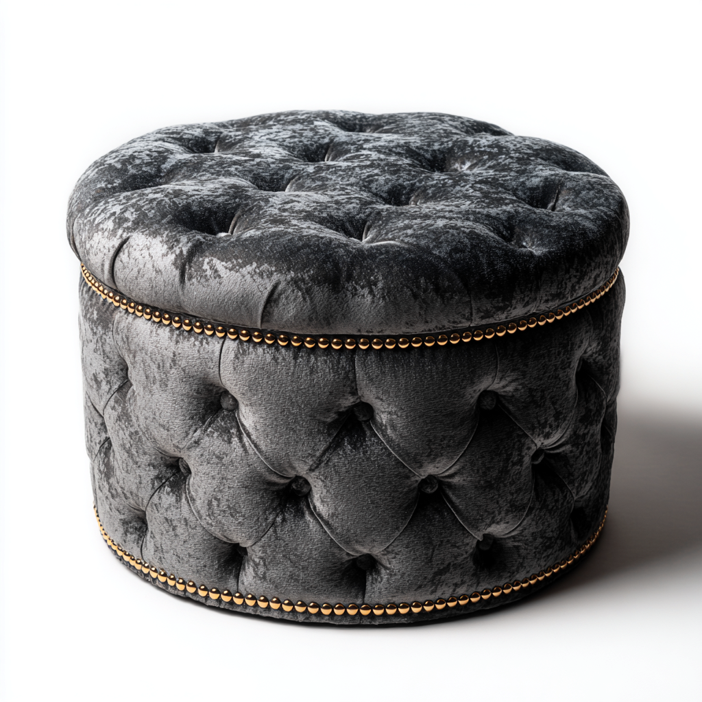 Fußhocker - Runder Samthocker mit Stauraum - 65x65x45 cm - Dunkelgrau - Chesterfield-Stil mit Ziernägeln-Warmthena