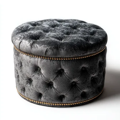 Fußhocker - Runder Samthocker mit Stauraum - 65x65x45 cm - Dunkelgrau - Chesterfield-Stil mit Ziernägeln-Warmthena