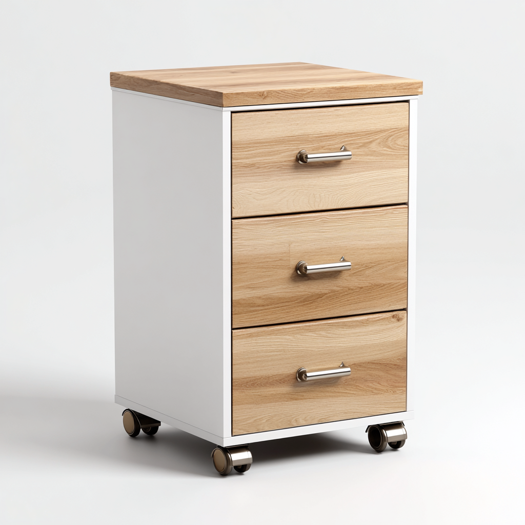 Aktenschrank aus Holz und Metall 45x40x65 cm - weiß-hellbraun - 3 Schubladen - mit Rollen - modernes Design-Warmthena