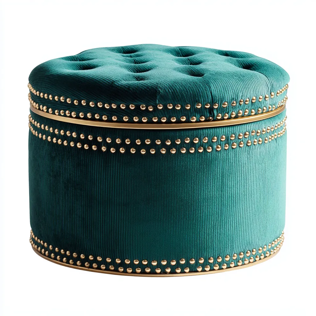 Fußhocker - Runder Samthocker mit Stauraum - 65x65x45 cm - Smaragdgrün - Chesterfield-Stil mit goldenen Ziernägeln-Warmthena