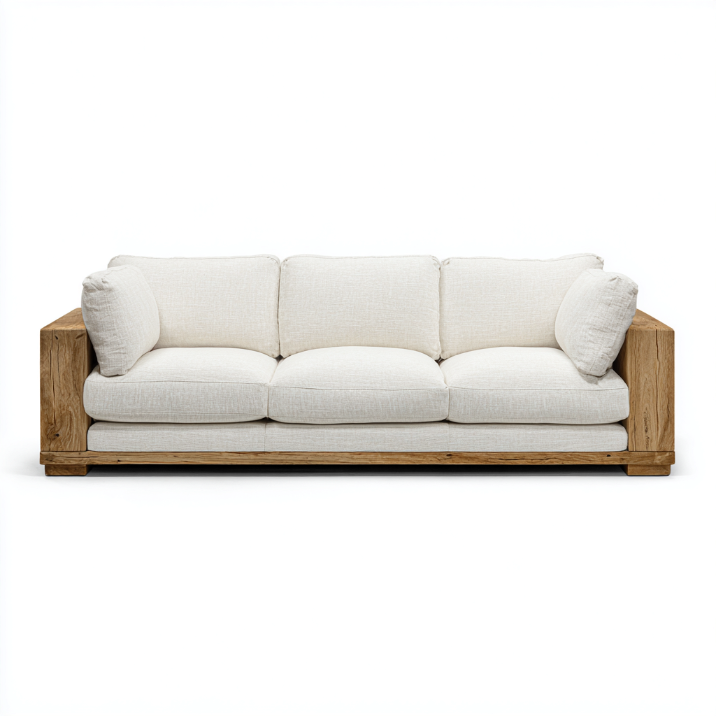 Gerades Sofa - Dreisitzer Sofa aus Stoff und Massivholz - 200x90x85 cm - Cremeweiß - Natürliches skandinavisches Design-Warmthena