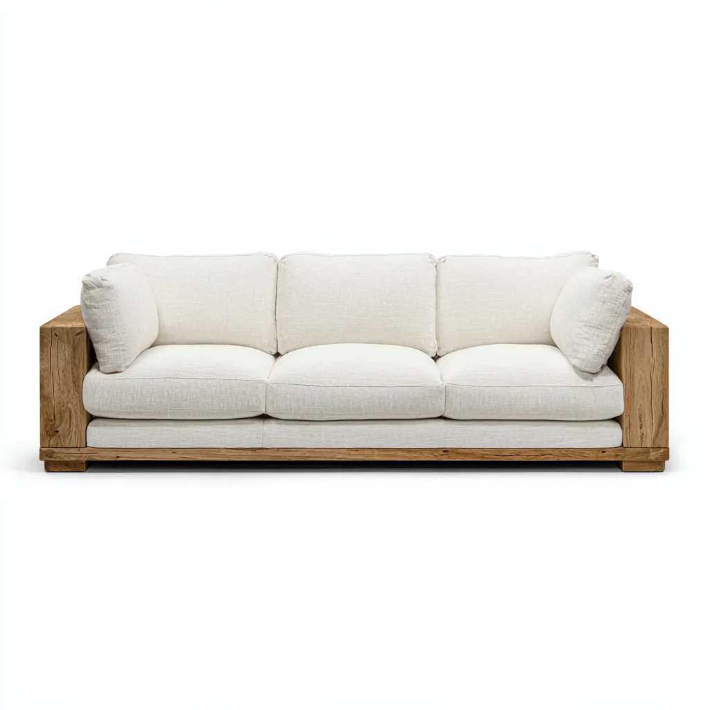 Gerades Sofa - Dreisitzer Sofa aus Stoff und Massivholz - 200x90x85 cm - Cremeweiß - Natürliches skandinavisches Design-Warmthena