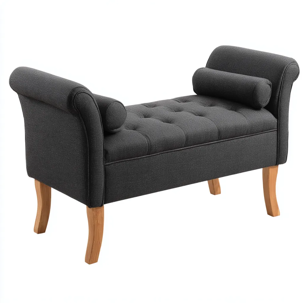 Bank am Bettende - Stoffpolster - 110x45x50 cm - Dunkelgrau - Klassisches Design mit Armlehnen und Holzbeinen-Warmthena