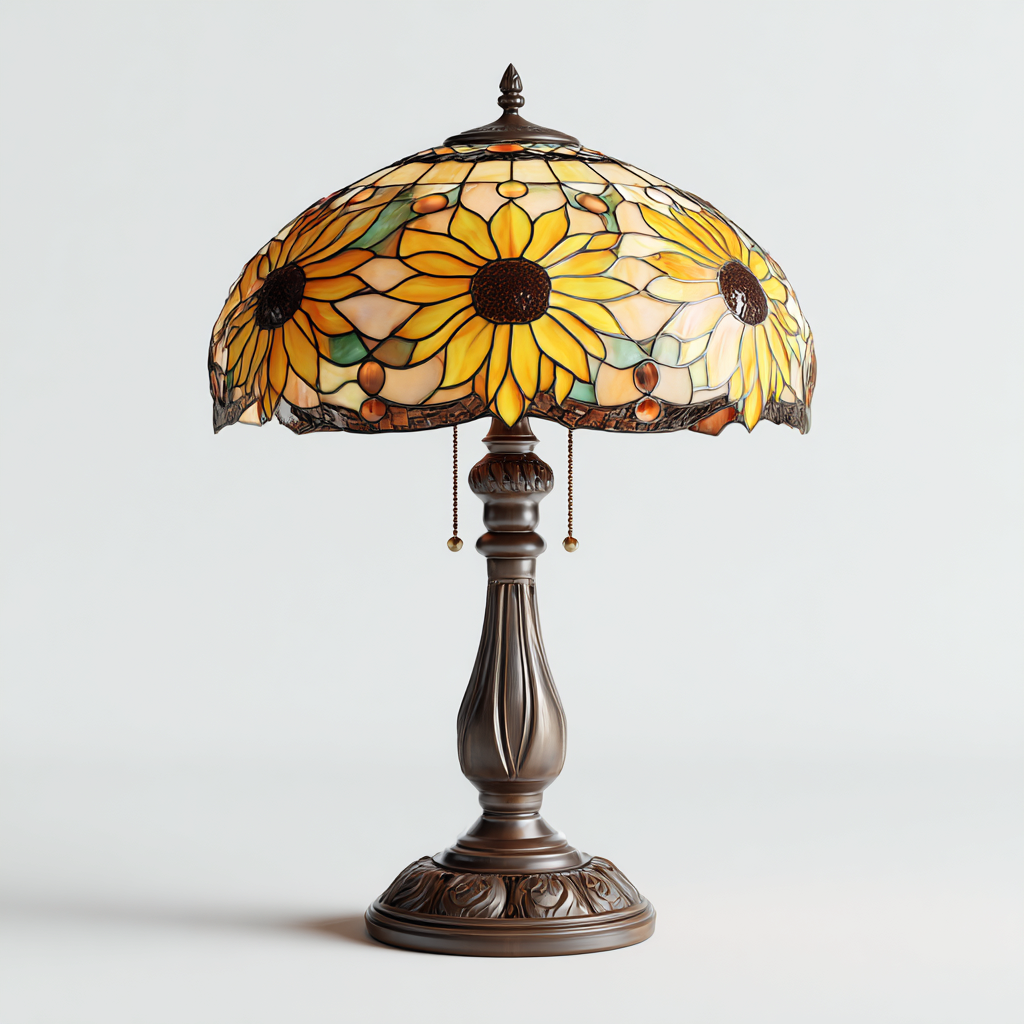 Tischlampe 35x35x55 cm - Glas und Metall - Gelb-Bronze - Tiffany-Stil mit Sonnenblumenmotiv-Warmthena