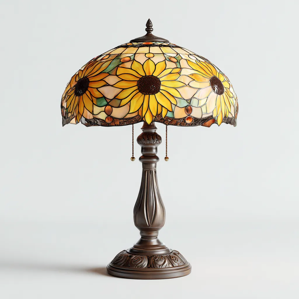 Tischlampe 35x35x55 cm - Glas und Metall - Gelb-Bronze - Tiffany-Stil mit Sonnenblumenmotiv-Warmthena