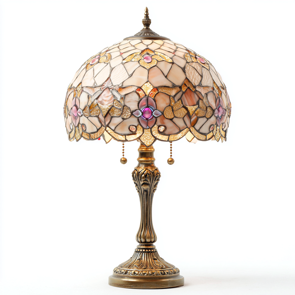 Tischlampe Glas und Metall 32x32x58 cm - beige-rosa - Art-Nouveau - mit handgefertigtem Buntglas-Schirm-Warmthena