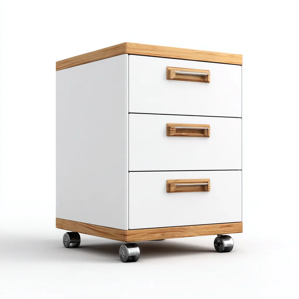 Aktenschrank 45x40x60 cm mit 3 Schubladen - MDF und Holzdekor - weiß-natur - mobil auf Rollen - modernes Design-Warmthena