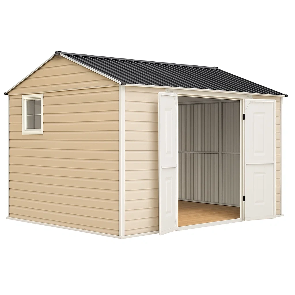 Abri de jardin en résine PVC avec toit en acier 342×222×252 cm beige et gris