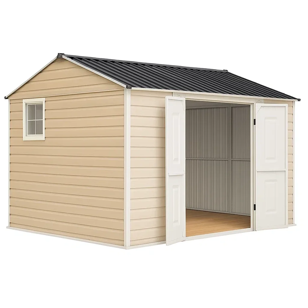 Abri de jardin en résine PVC avec toit en acier 342×222×252 cm beige et gris