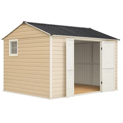 Abri de jardin en résine PVC avec toit en acier 342×222×252 cm beige et gris