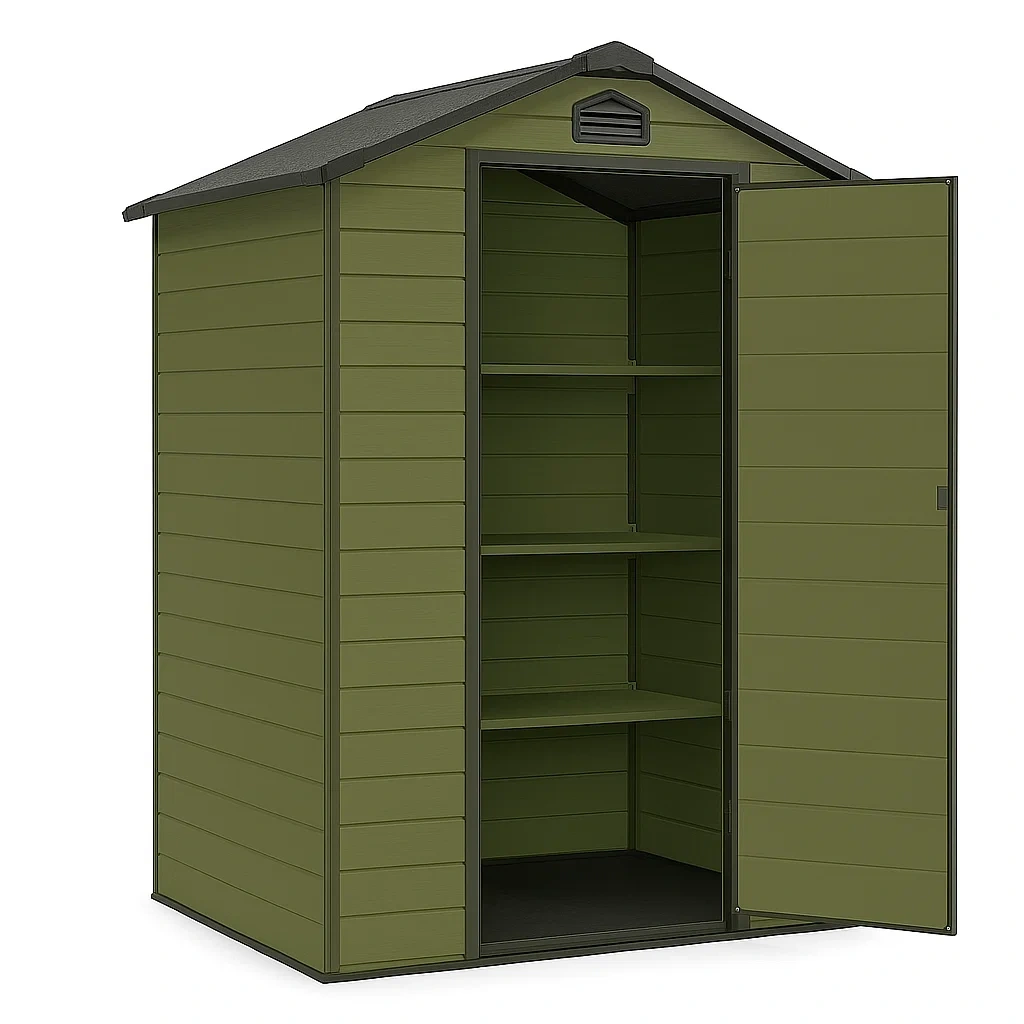 Abri de jardin en plastique vert avec étagères 109×84×172 cm
