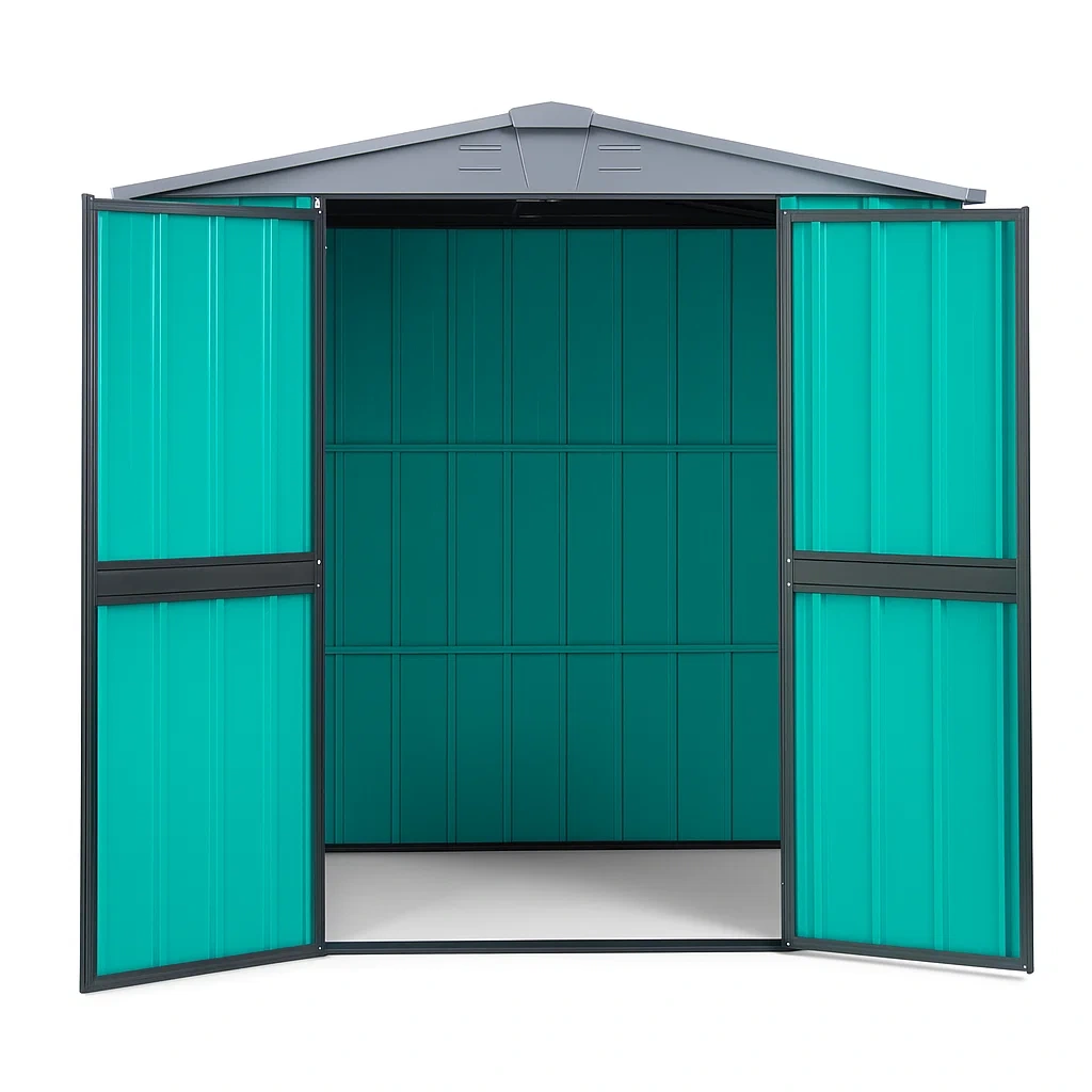 Abri de jardin en métal galvanisé vert avec toit inclinable et portes doubles
