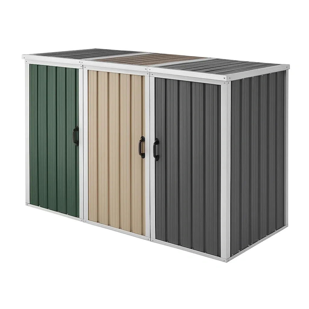 Abri poubelle en acier galvanisé à 3 portes vert/beige/gris