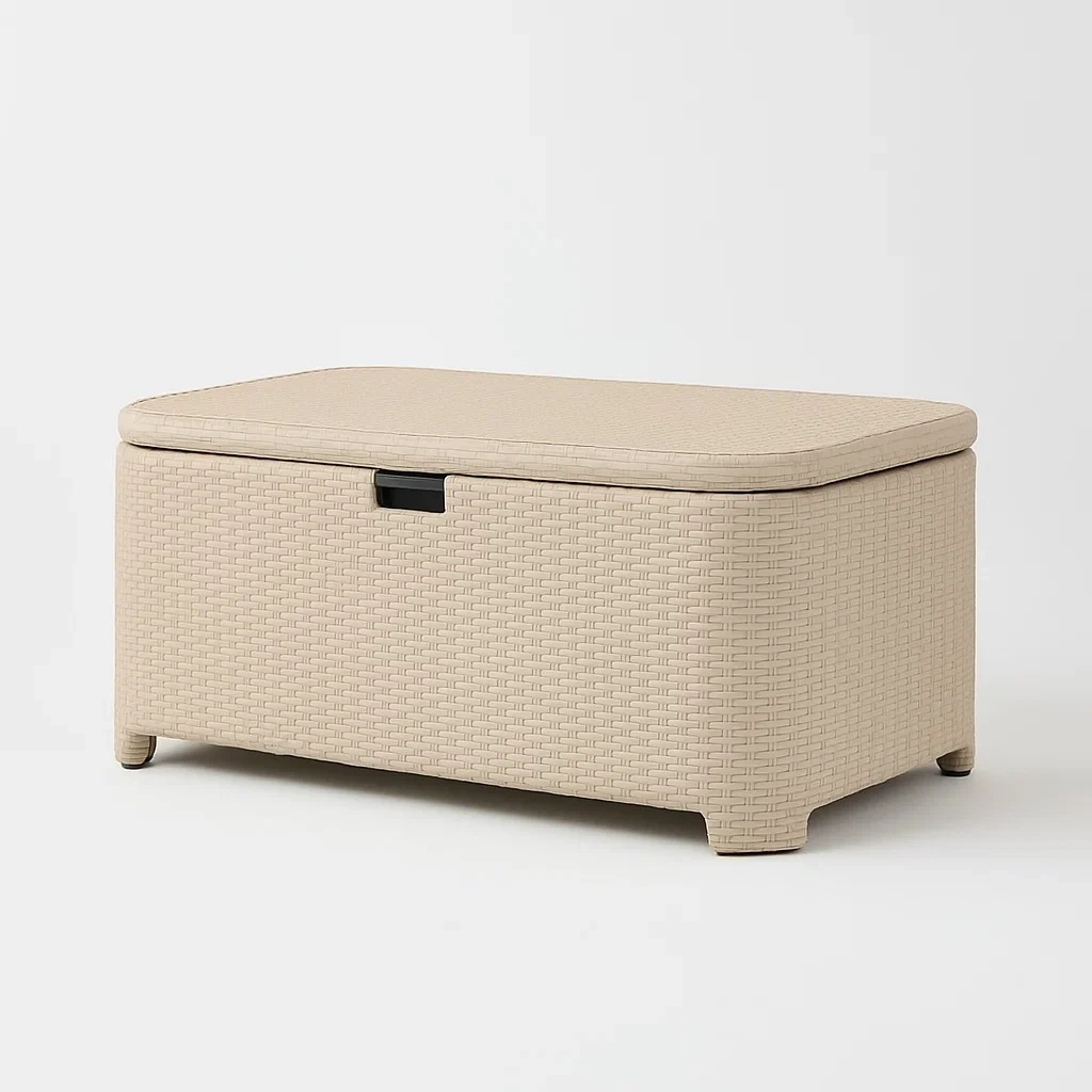 Coffre de rangement en résine tressée beige 117×45×57 cm