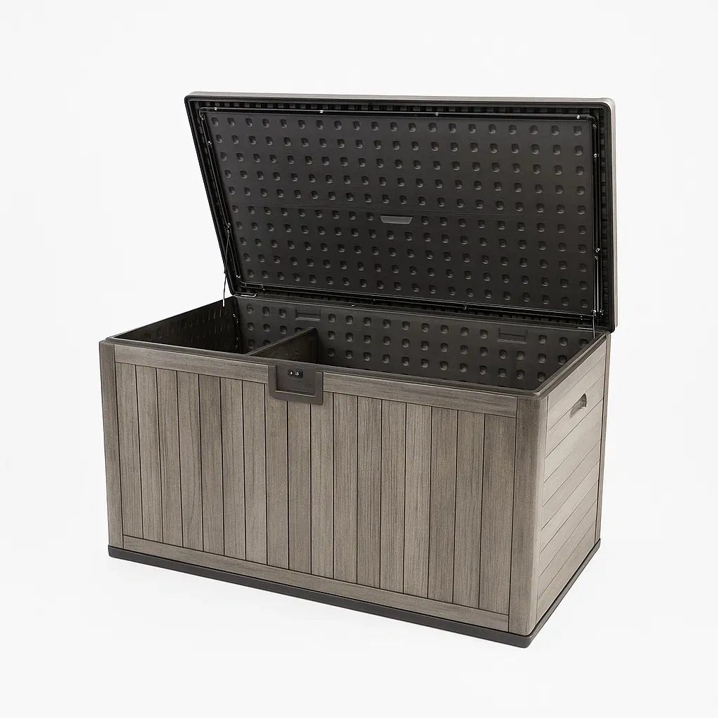 Coffre de rangement en résine gris 117×45×57 cm avec couvercle verrouillable