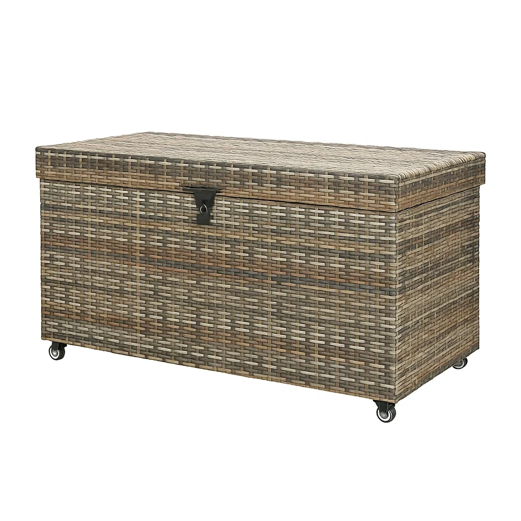 Coffre de rangement en rotin PE avec roulettes marron 120×50×60 cm