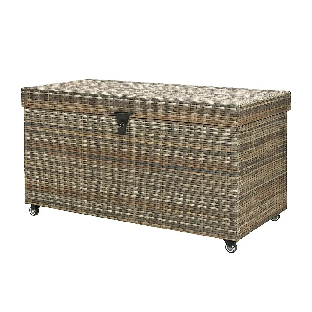 Coffre de rangement en rotin PE avec roulettes marron 120×50×60 cm