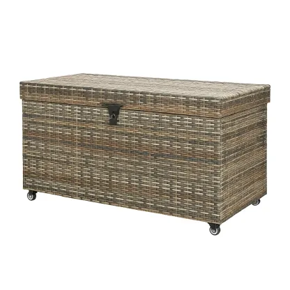 Coffre de rangement en rotin PE avec roulettes marron 120×50×60 cm