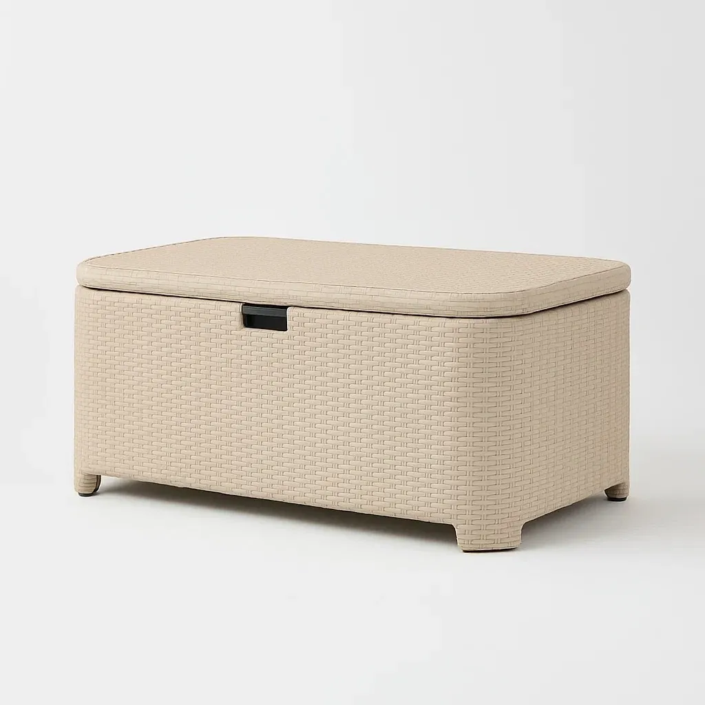 Coffre de rangement en résine tressée beige 117×45×57 cm