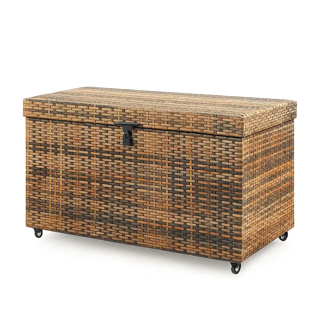 Coffre de rangement en résine tressée avec roulettes marron 120×50×60 cm
