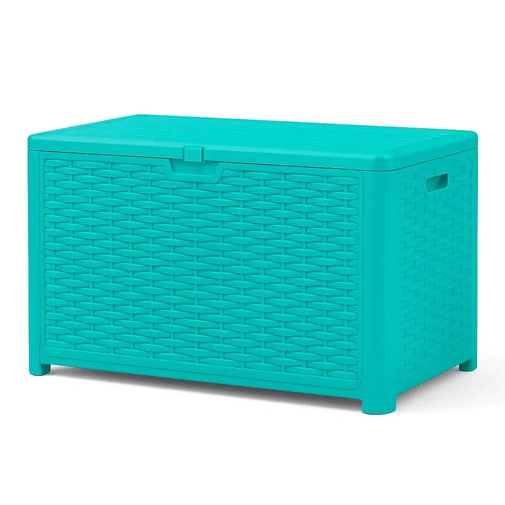 Coffre de rangement en plastique tressé turquoise 80×46×54 cm