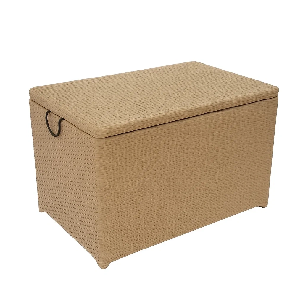Coffre de rangement en résine tressée beige avec cadre métal 110×60×60 cm