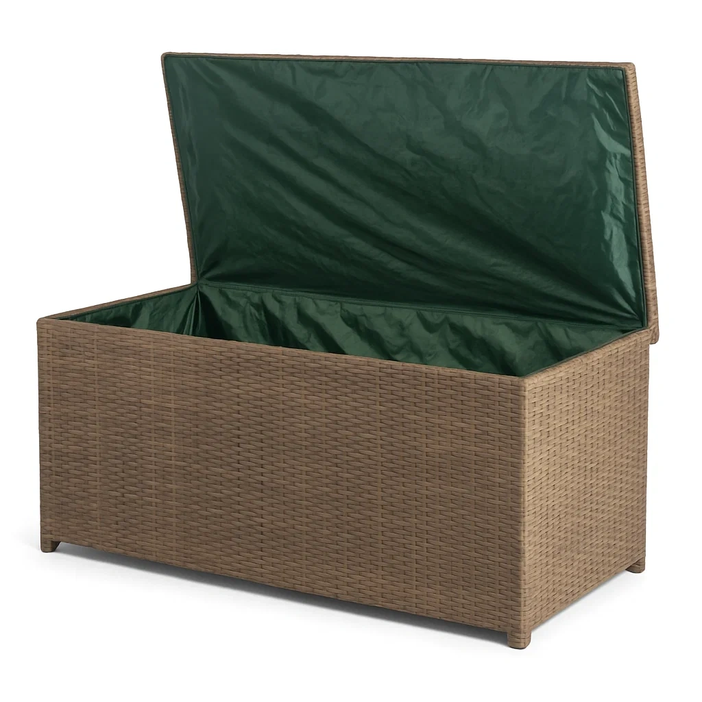 Coffre de rangement en résine tressée avec doublure verte 120×50×60 cm