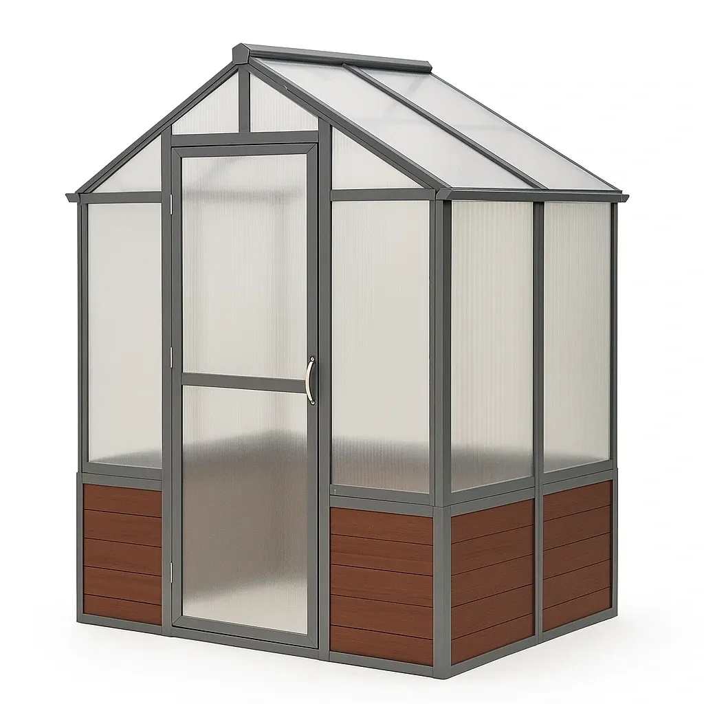 Serre en polycarbonate avec cadre en aluminium gris et base marron