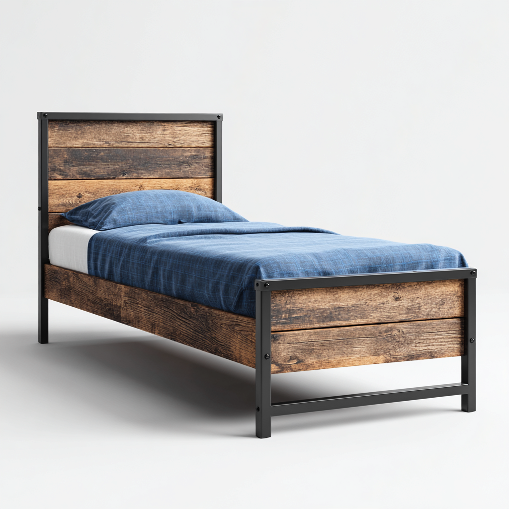 Letto singolo legno-metallo 205x100x95 cm - legno scuro-nero - design –  Spaceovae, image size:1024x1024