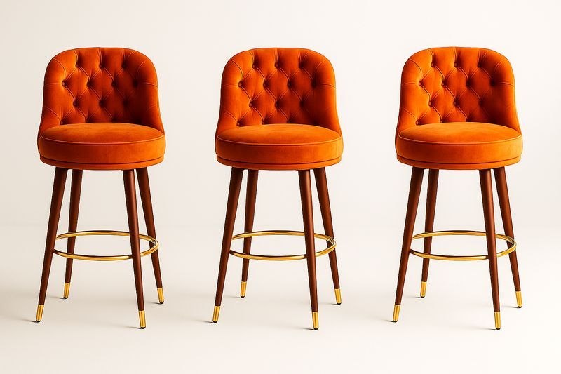 Set di 3 Sgabelli in Velluto Arancione con Gambe in Legno