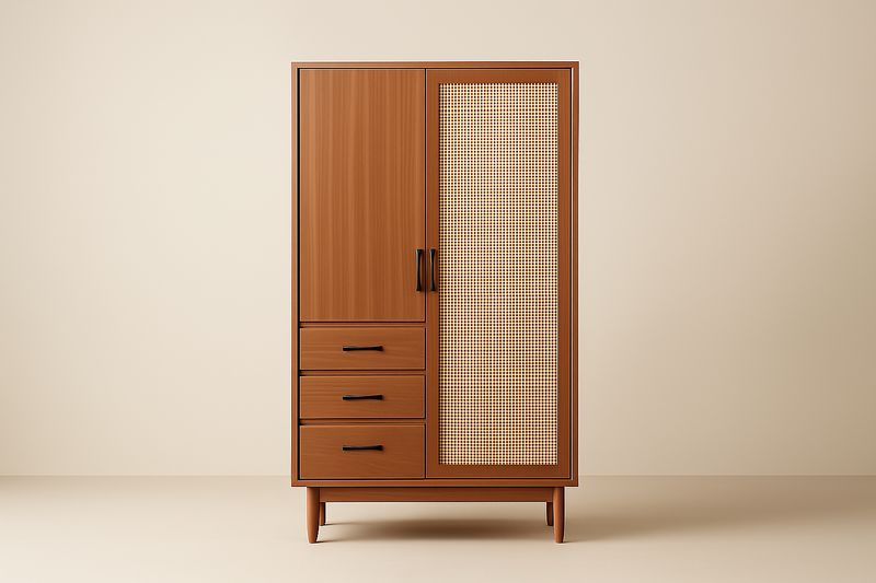 Armadio in Legno Massello e Rattan 2 Ante 3 Cassetti Marrone