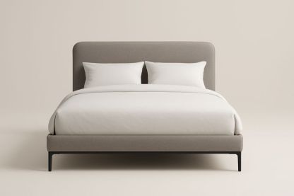 Letto matrimoniale imbottito in tessuto grigio con struttura metallica