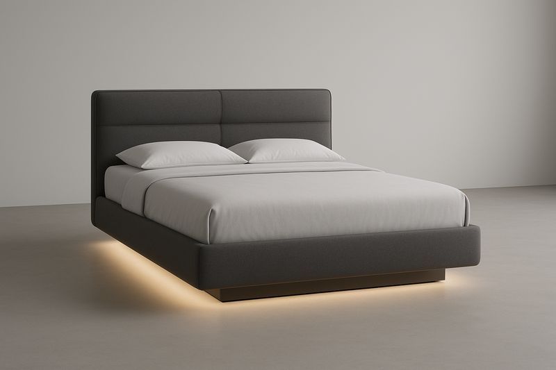 Letto matrimoniale in legno imbottito in tessuto grigio con LED