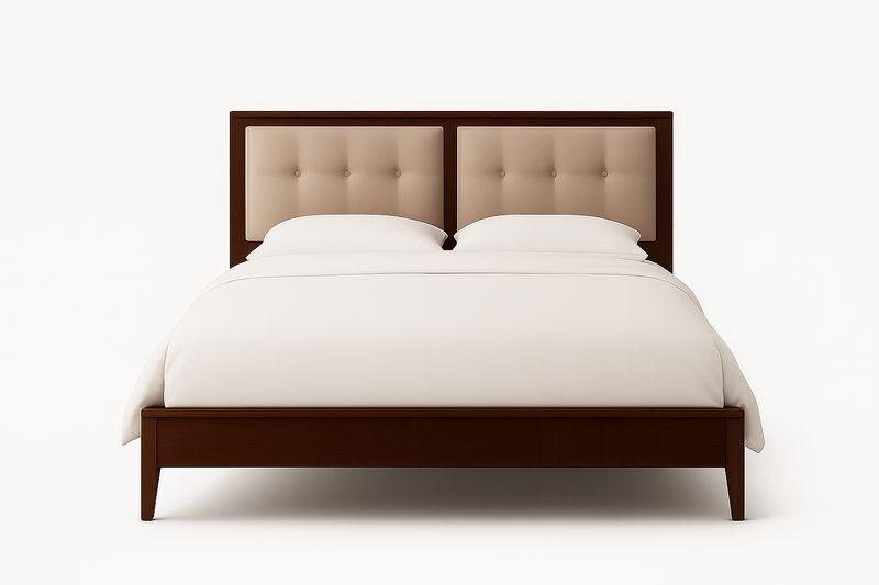Letto Matrimoniale in Legno con Testiera Imbottita in Tessuto
