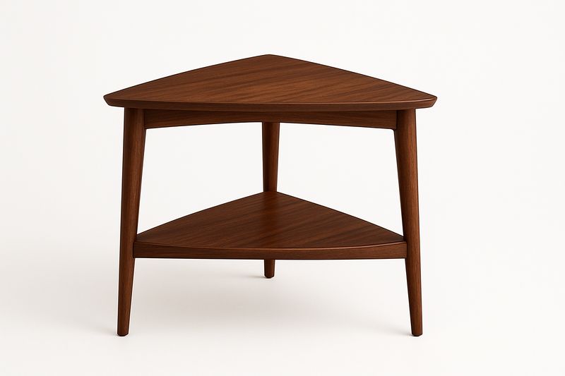 Tavolino laterale triangolare in legno di noce con mensola