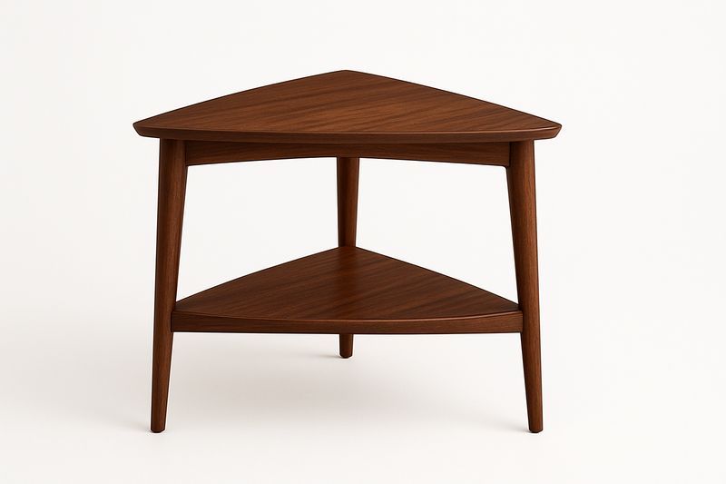 Tavolino laterale triangolare in legno di noce con mensola