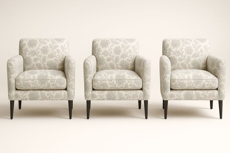 Set di 3 Poltrone in Cotone Floreale Crema con Gambe in Legno