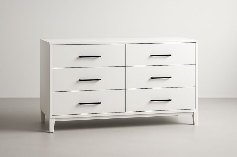 Cassettiera in legno MDF laminato bianco con 6 cassetti e maniglie nere