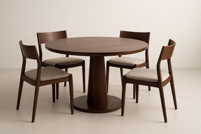 Set tavolo da pranzo rotondo in legno con 4 sedie imbottite