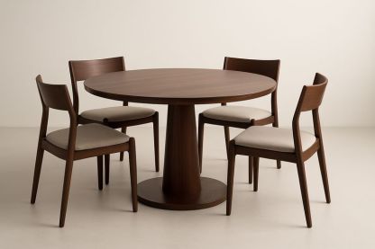 Set tavolo da pranzo rotondo in legno con 4 sedie imbottite