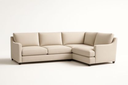 Divano angolare in tessuto beige con struttura in legno